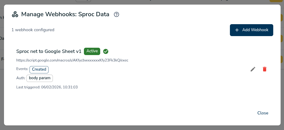 Webhook management interface